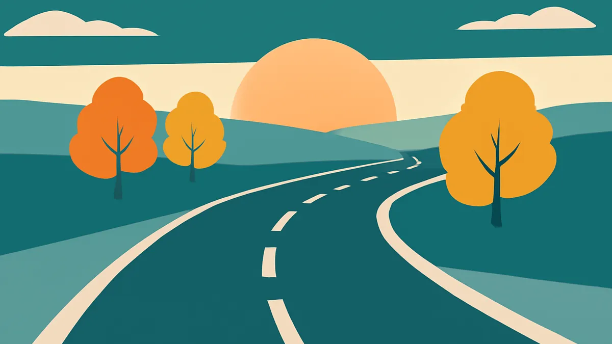A winding road through rolling hills with trees under a large setting sun and clouds in a flat, stylized art style