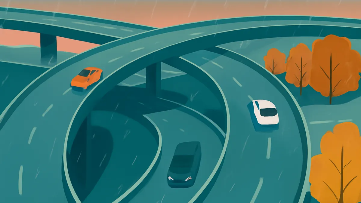 An orange car, a white car, and a dark car on a multi-level highway interchange with orange trees