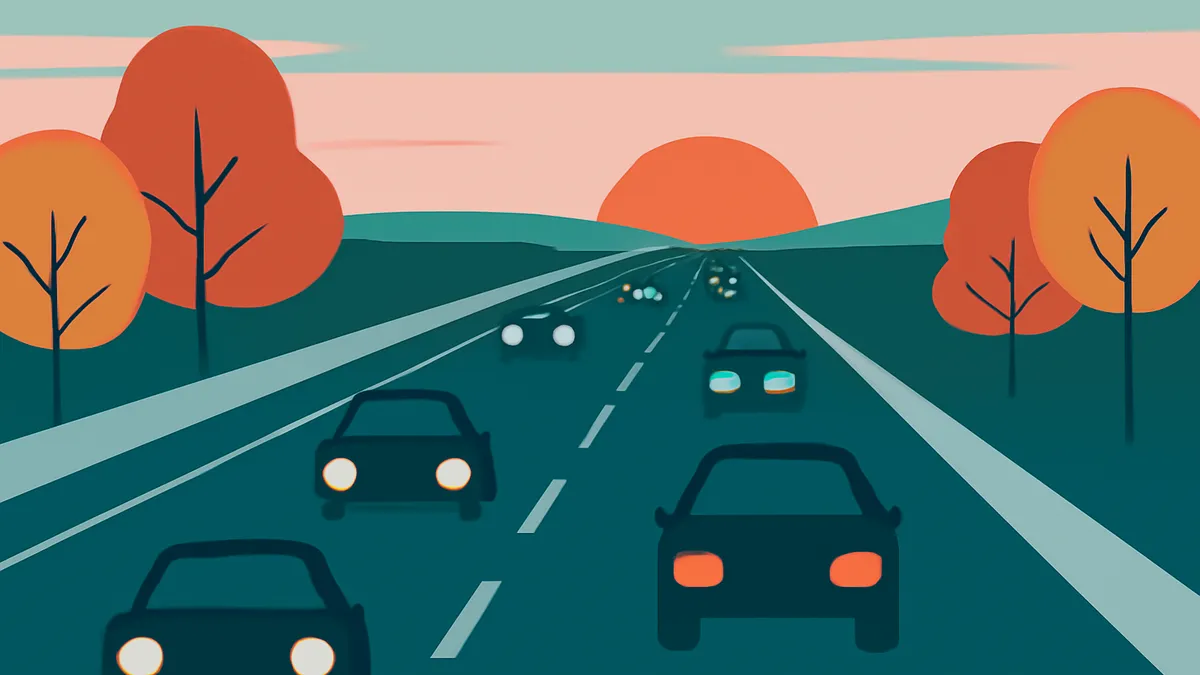 Cars on a highway at sunset with trees on the side of the road in a flat illustration style