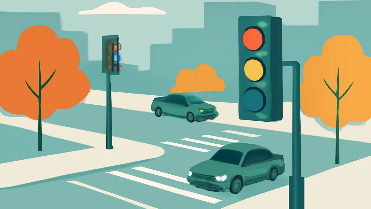Two green sedans on a city street with traffic lights and trees in a flat, stylized illustration