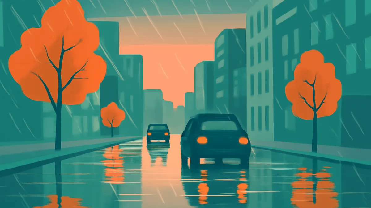 Two cars drive away from the viewer on a wet city street under a rainy orange sky, with buildings and trees