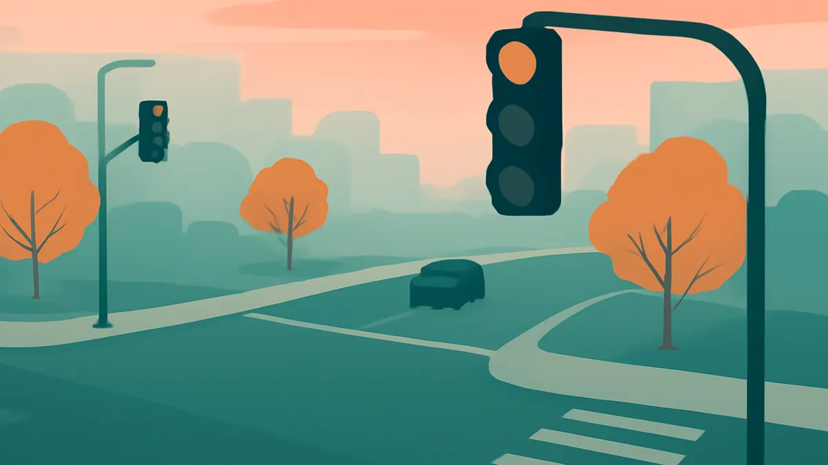 A car drives on a road with a traffic light and trees in a city at sunset in flat teal and orange tones