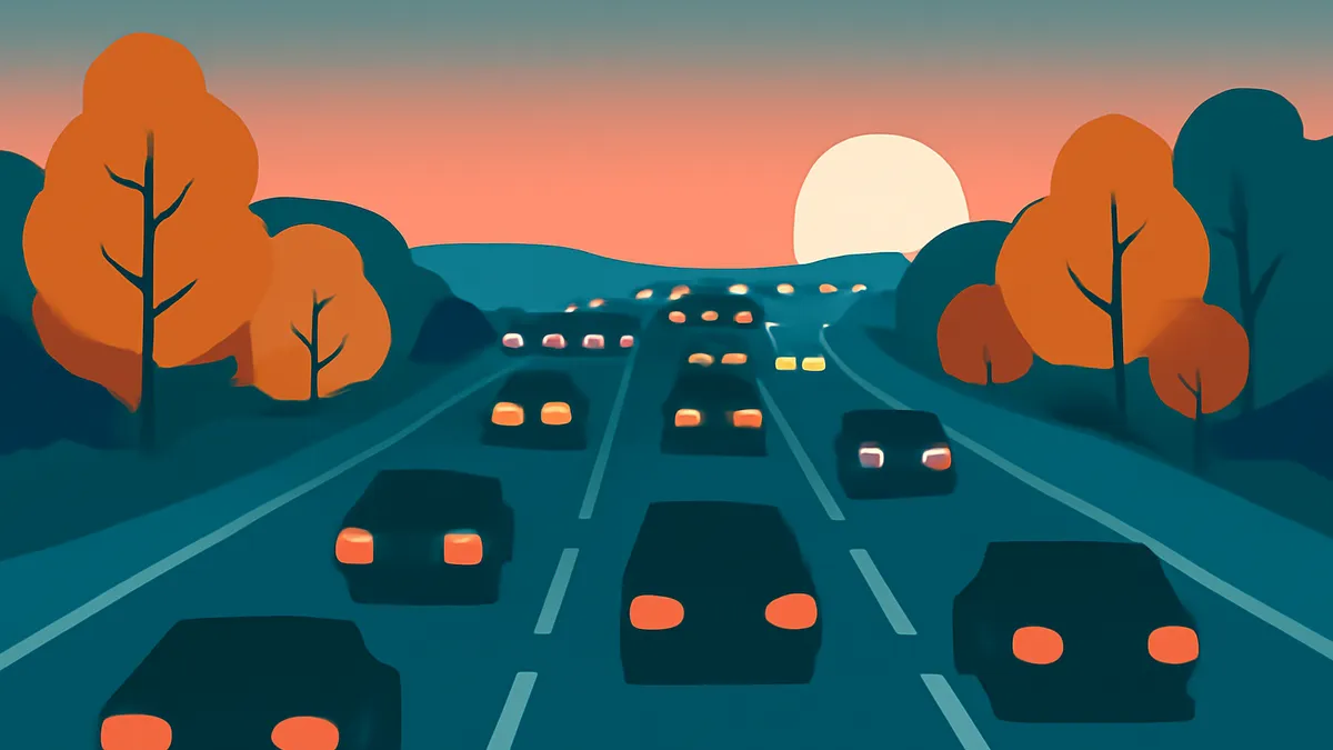 A highway at sunset with many cars driving in both directions, with trees on the sides of the road