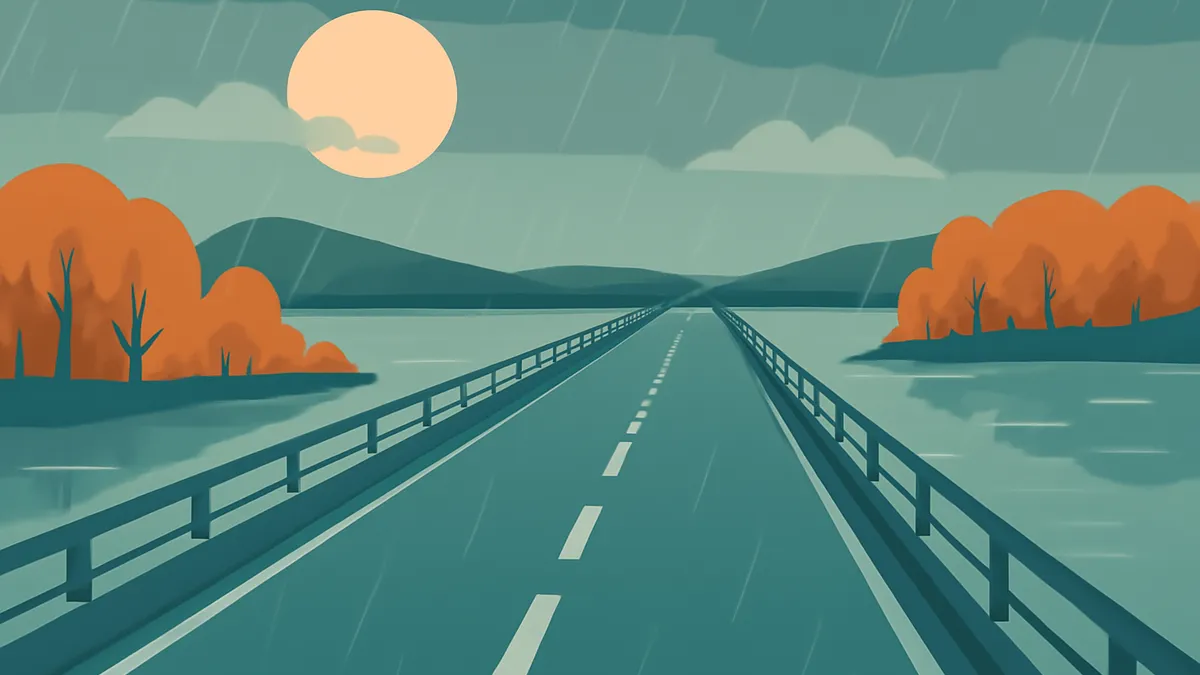A long bridge over water with orange trees on the banks under a rainy sky with a full moon