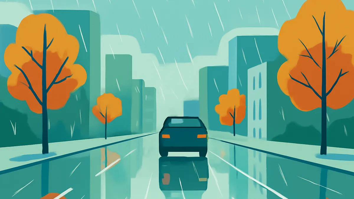 A dark car drives away on a wet road in the rain, with orange trees and teal buildings on either side
