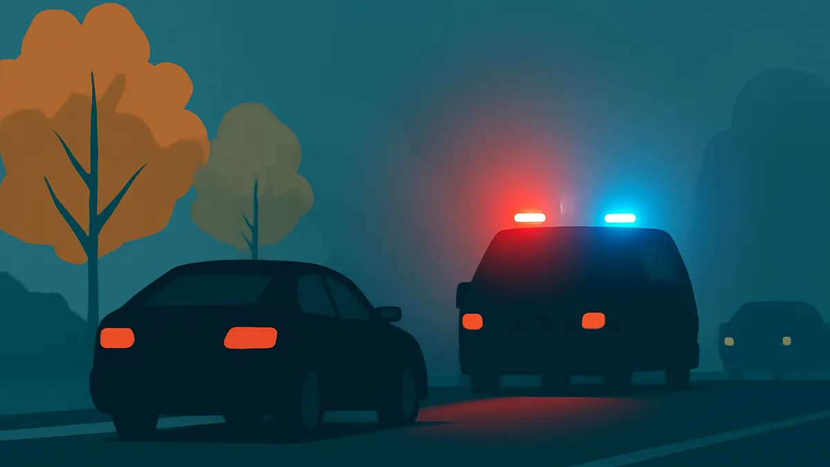 A dark sedan and a police car with flashing lights on a road at night, with trees in the background