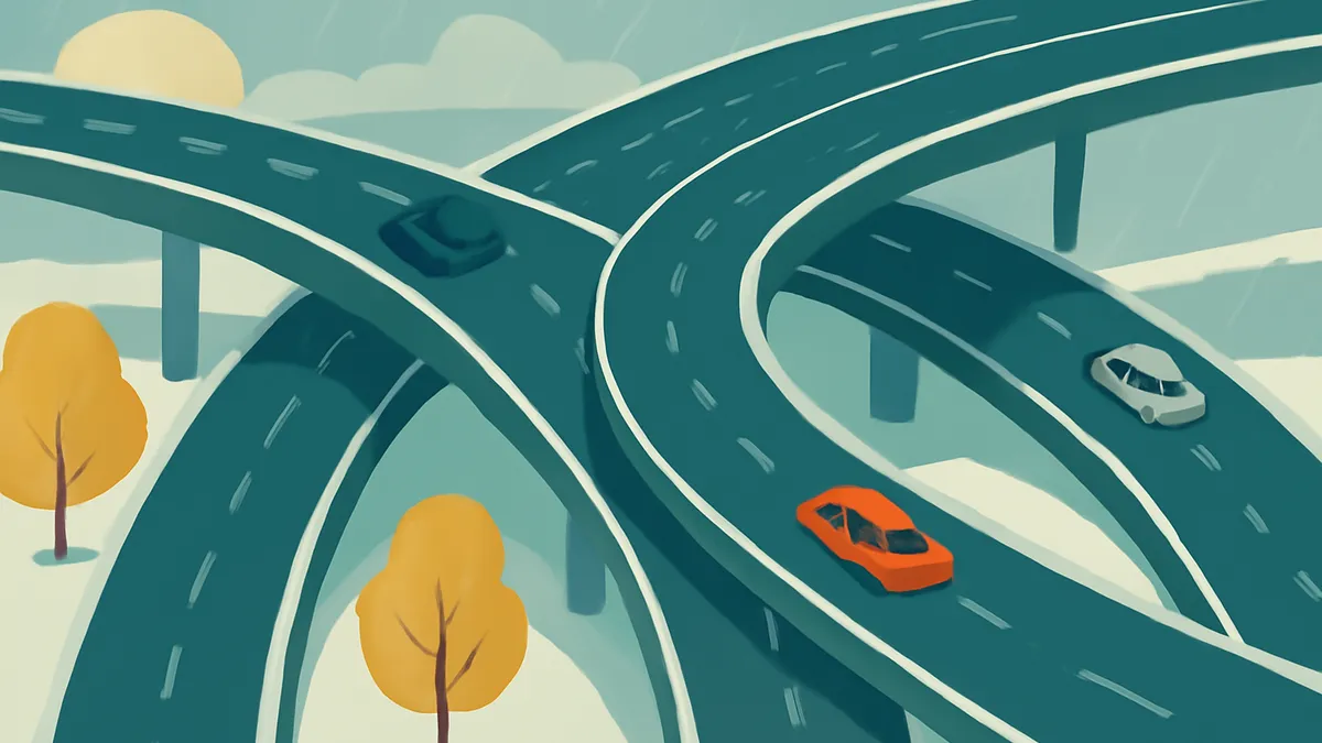 An overhead view of a highway interchange with three cars on the roads, in a flat, illustrative style