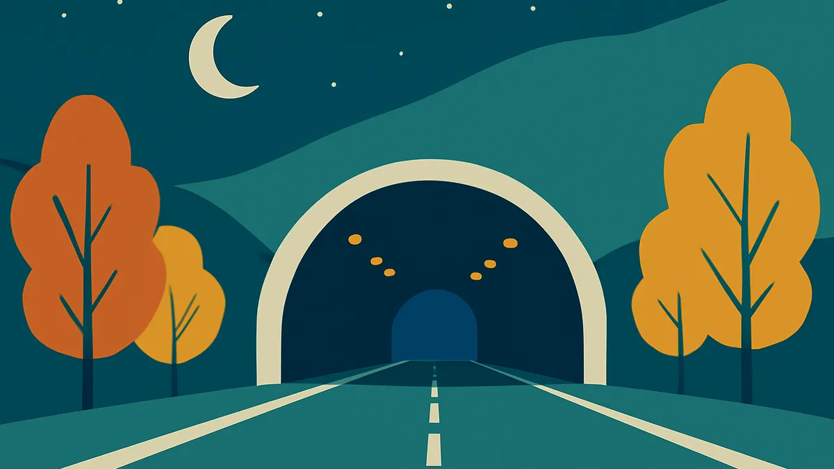 A highway leads into a tunnel at night, with orange trees on either side and a crescent moon in the sky