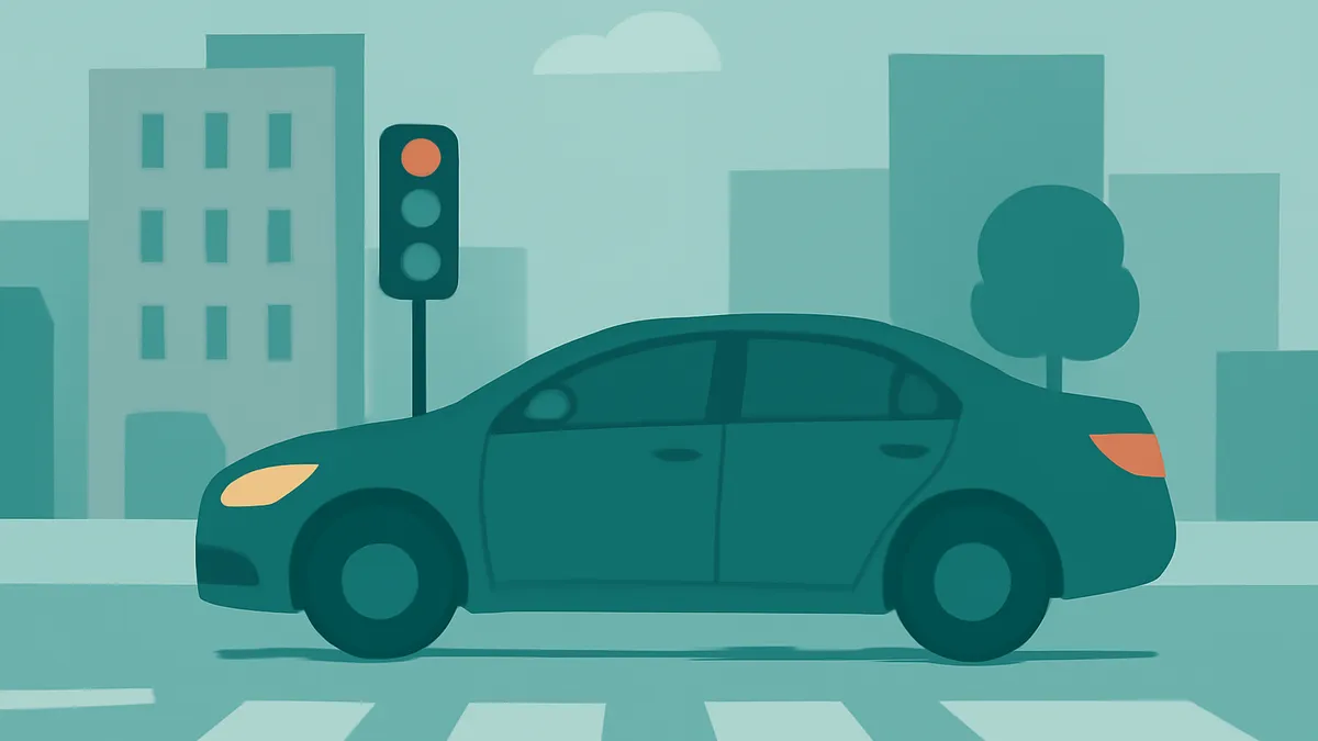 A teal car stopped at a red traffic light on a crosswalk in a city with buildings and a tree in the background