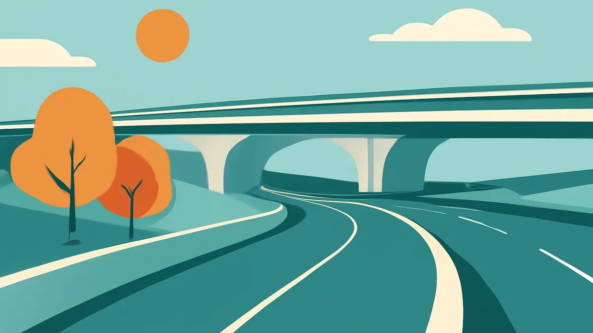 A highway with an overpass and trees in a flat, minimalist style with teal and orange colors
