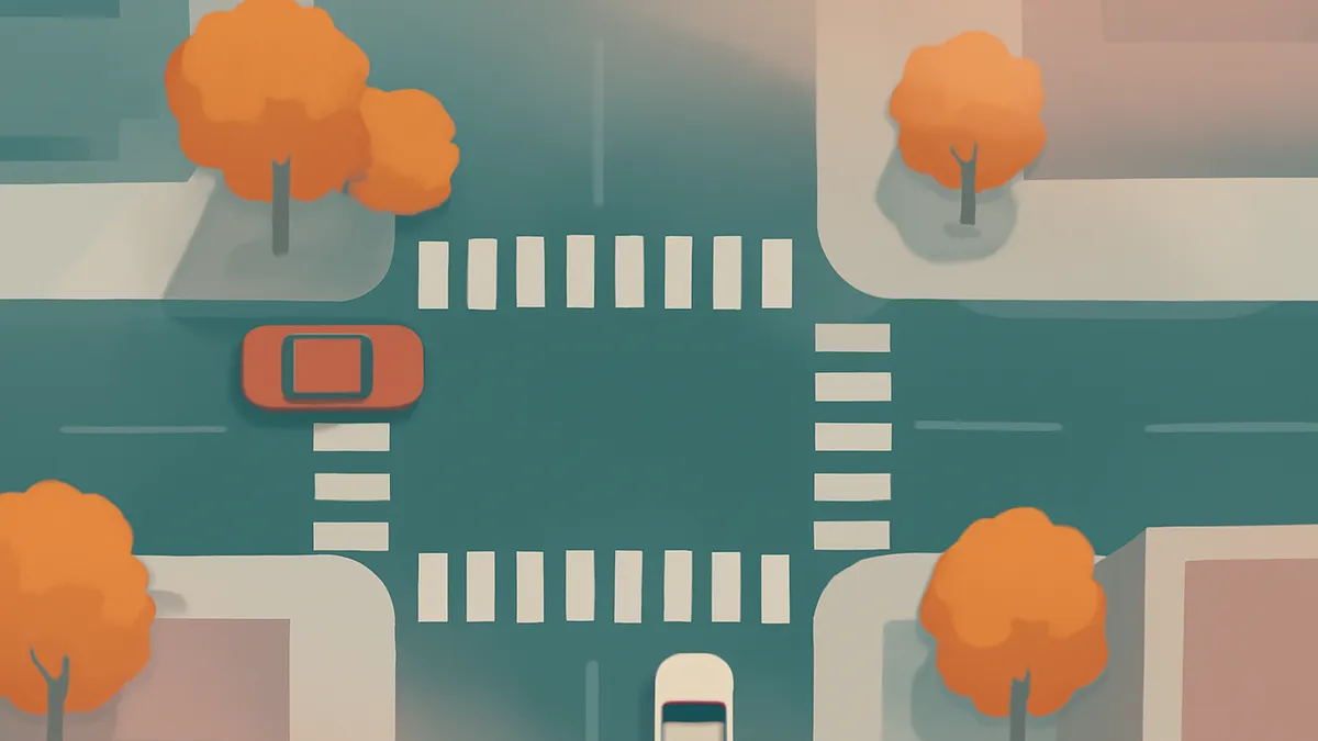 An overhead view of a red car and a white car at a four-way intersection with crosswalks, surrounded by trees and buildings
