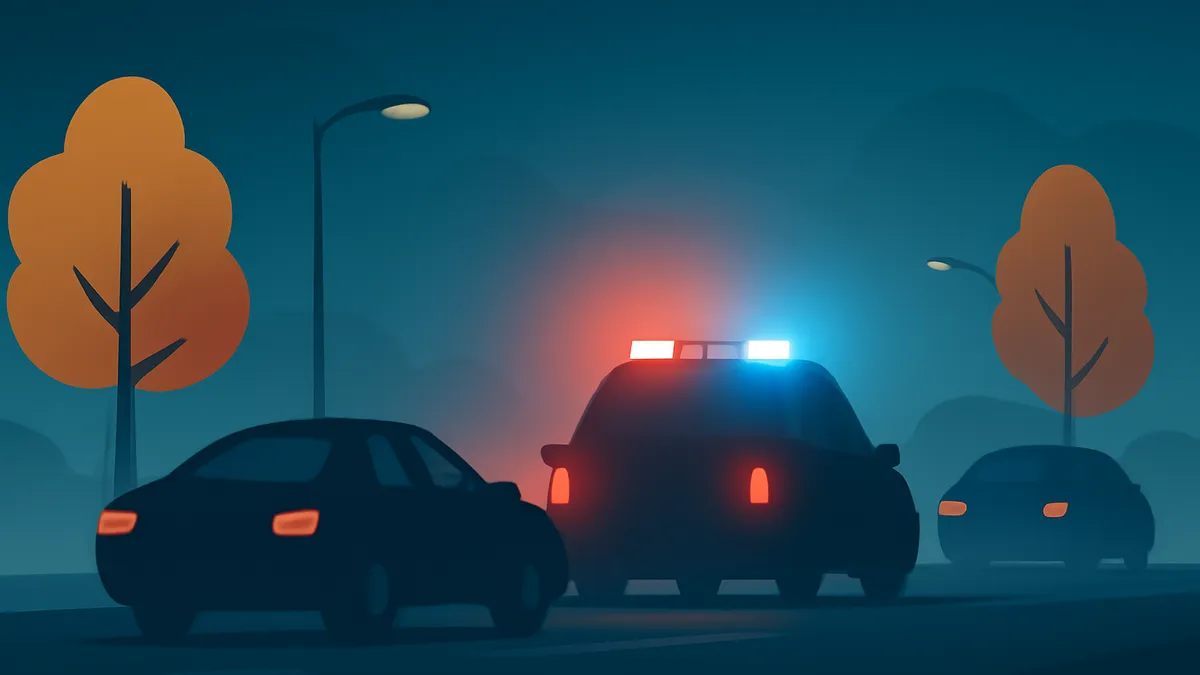 A police car with flashing lights and two other cars on a dark road at night, with trees and streetlights