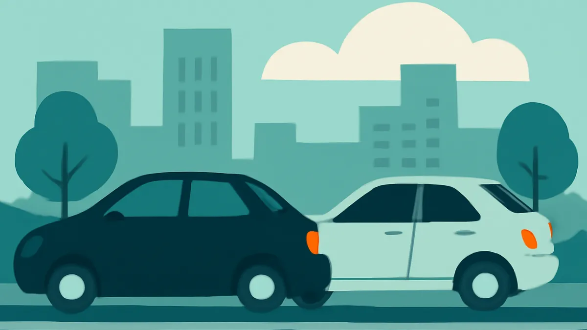 Two cars, one black and one white, are shown in a rear-end collision on a road with a city skyline in the background
