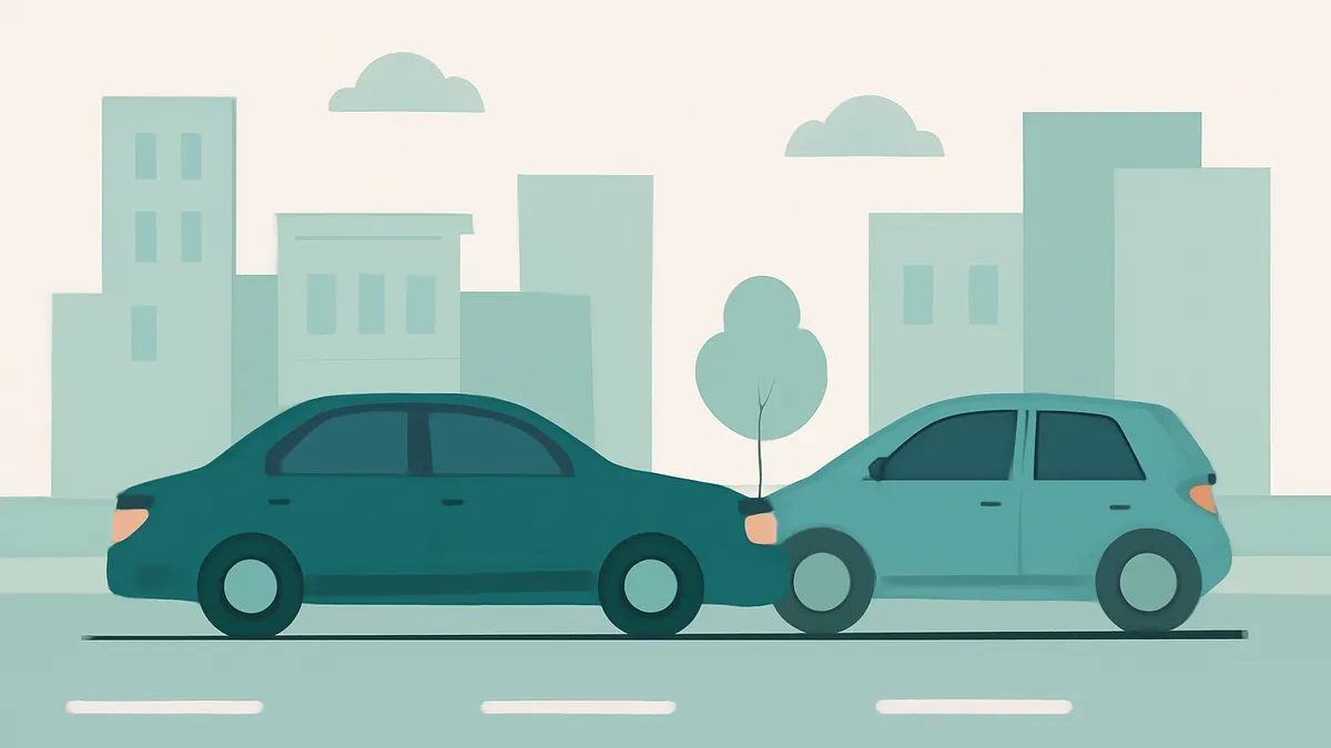 Two cars, a dark teal sedan and a light teal hatchback, have collided on a city street with buildings in the background