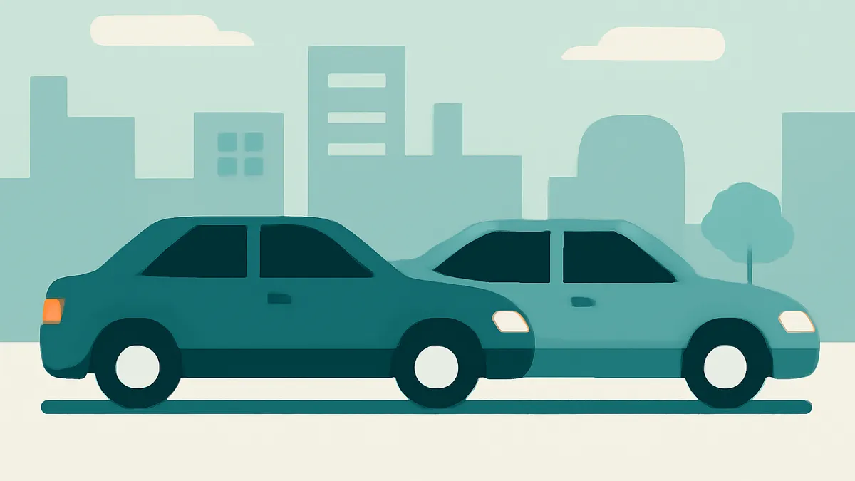 Two cars, one dark teal and one light teal, driving on a road with a city skyline in the background