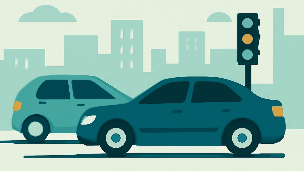 Two cars, a light blue hatchback and a dark blue sedan, stopped at a traffic light in a city with buildings in the
