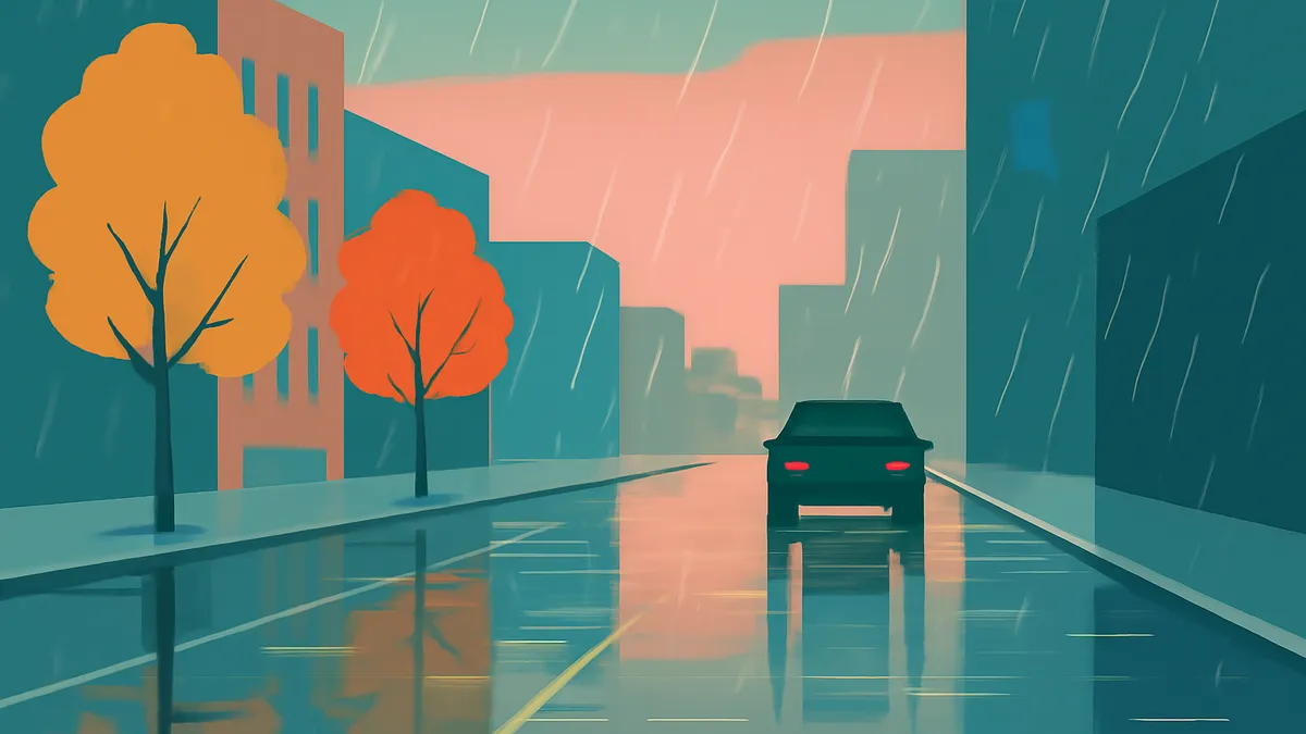 A dark car drives away on a wet city street in the rain, with buildings and trees on the left