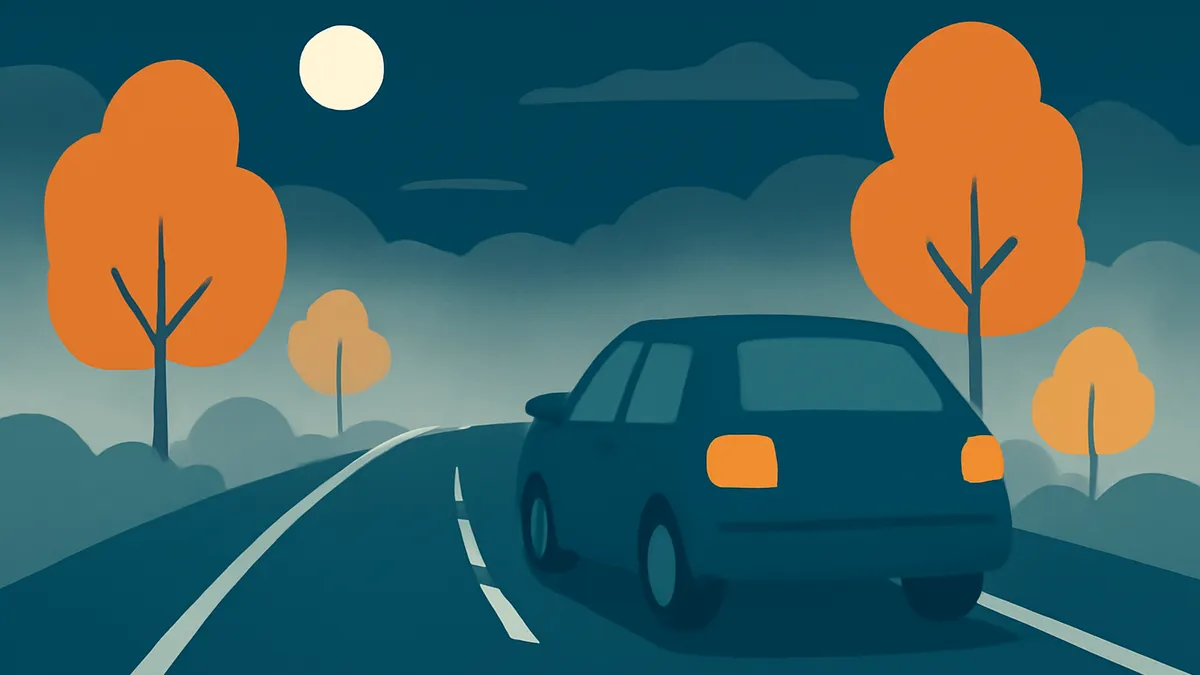 A dark blue car drives on a two-lane road at night, with orange trees and a full moon in the sky