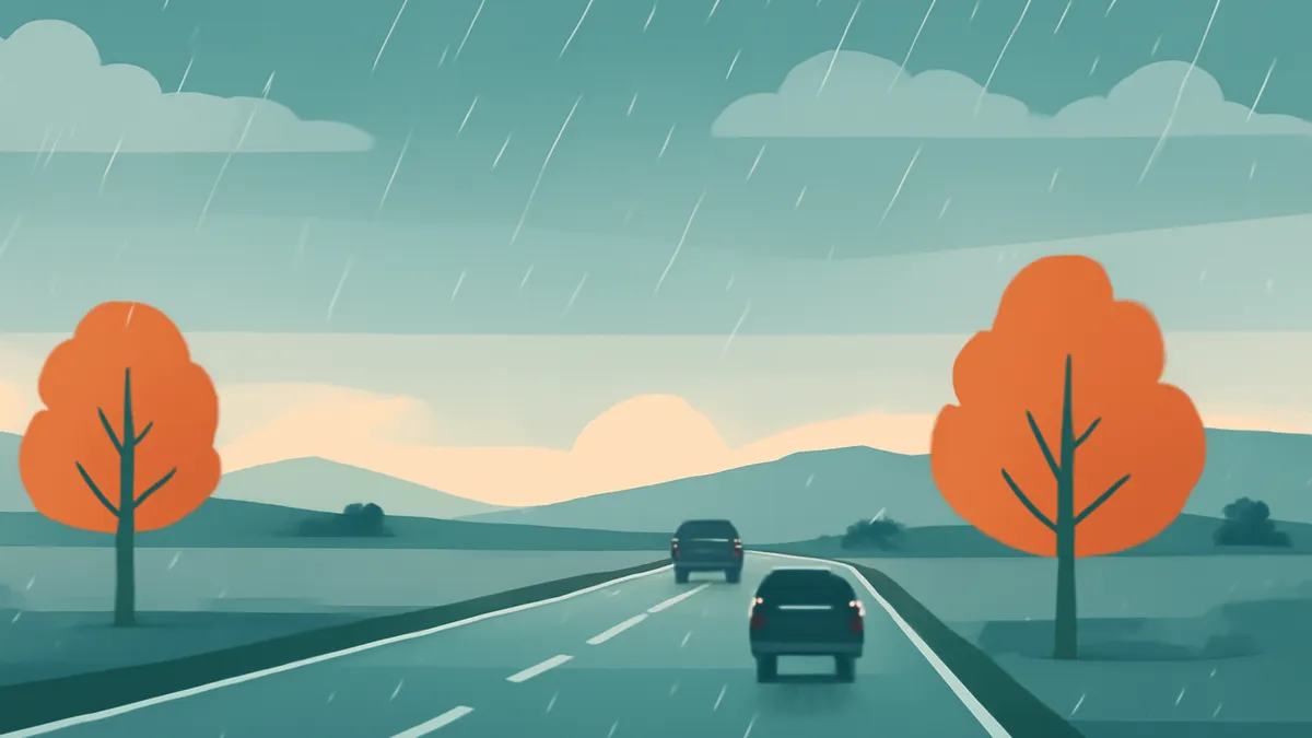 Two cars driving on a highway in the rain with orange trees on either side and mountains in the background