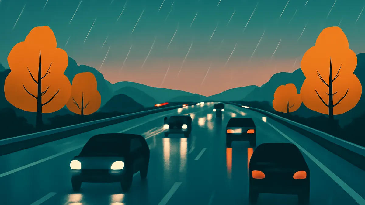 Cars on a highway in the rain at dusk, with orange trees and mountains in the background