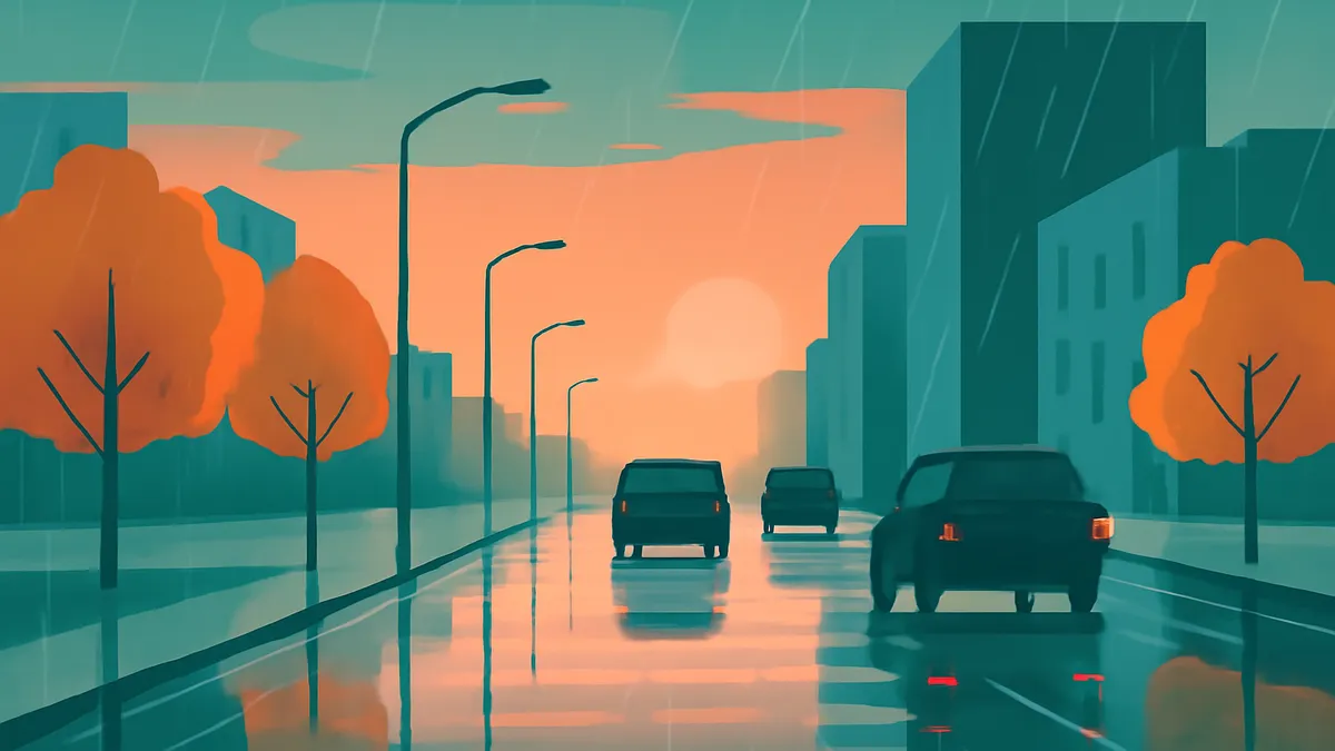 Three cars drive on a wet road in a city at sunset, with orange trees and teal buildings