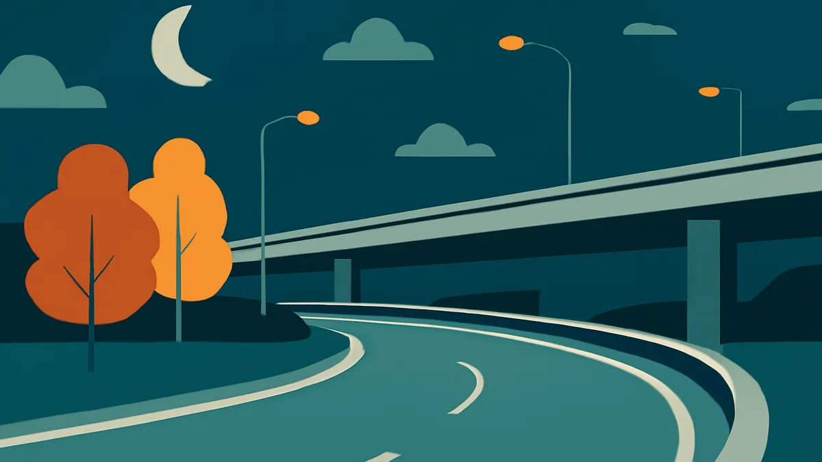 A curving highway under an overpass at night, with streetlights, trees, and a crescent moon in a flat, stylized illustration