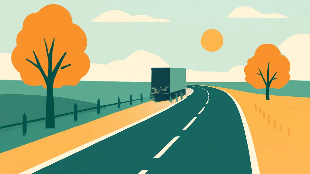 A truck on a winding road with trees and a fence under a sunny sky in a flat, stylized art style