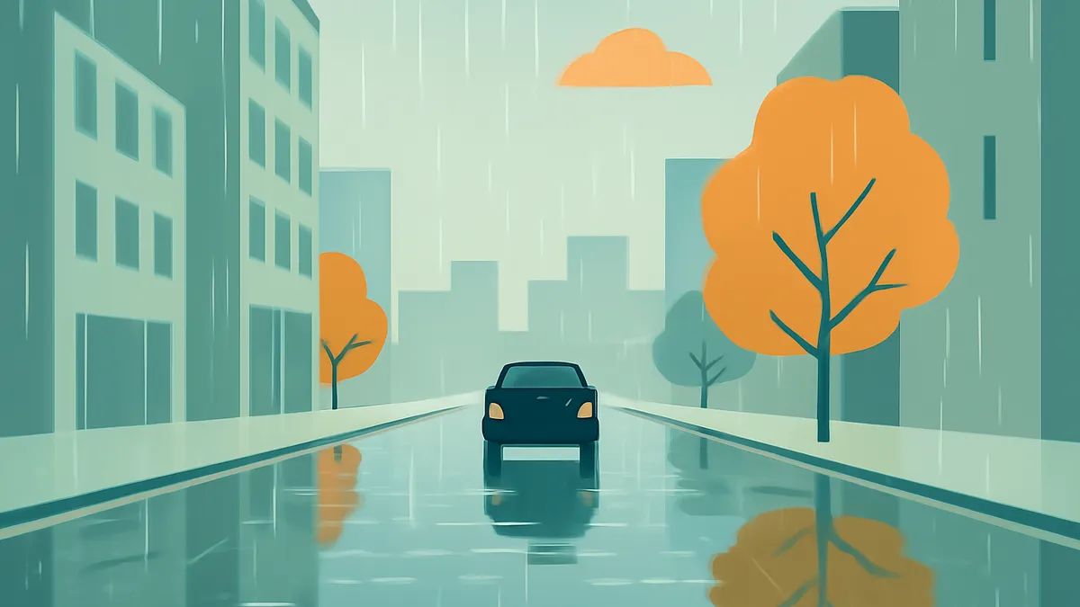A black car drives down a wet street in a city with orange trees and buildings under a rainy sky