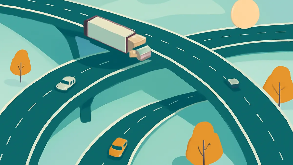 An overhead view of a highway interchange with multiple cars and a truck on the roads, with trees and a sun