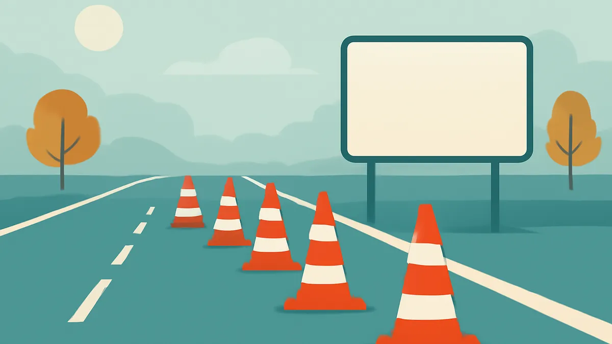 A highway with orange and white traffic cones leading to a blank billboard under a cloudy sky with a sun and trees