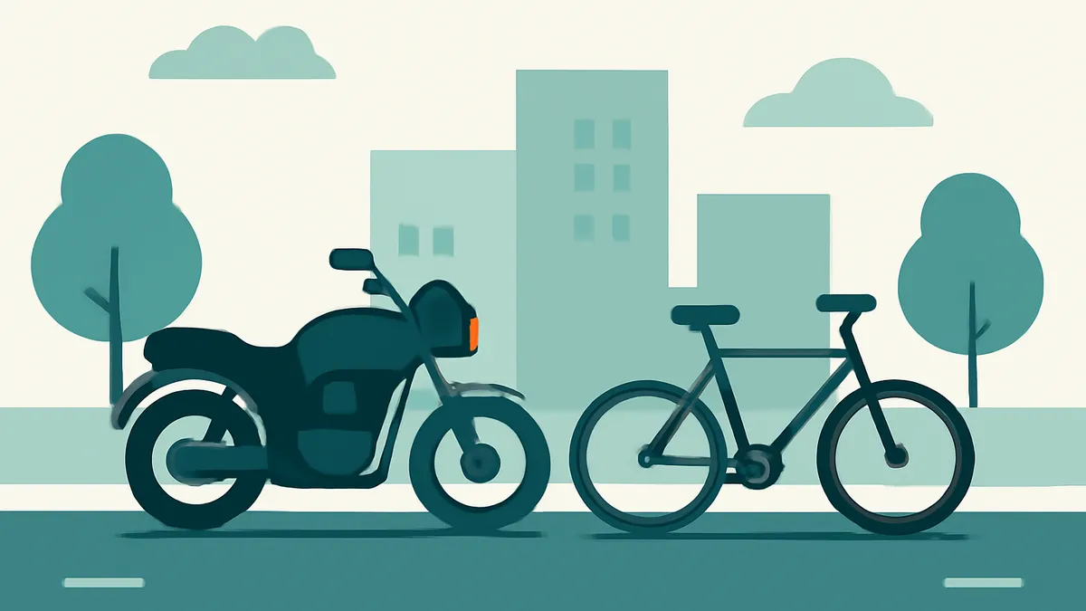 A motorcycle and a bicycle on a road with buildings and trees in the background, in flat teal tones