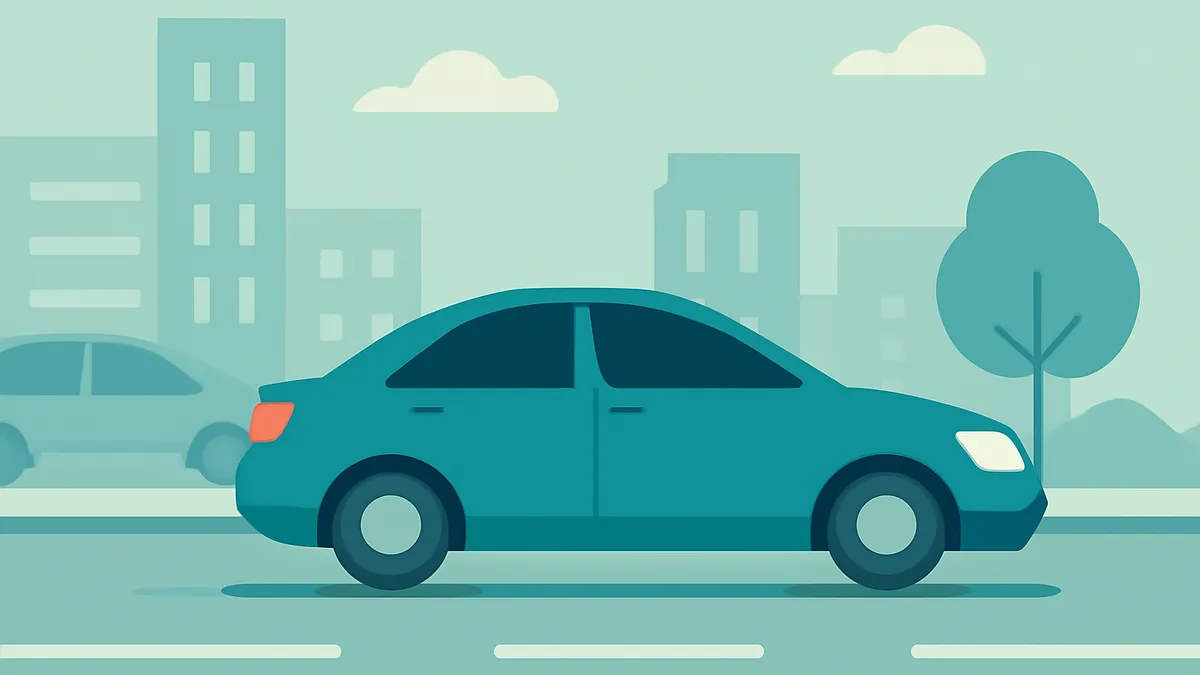 A teal sedan on a road with buildings and a tree in the background, all in flat teal tones