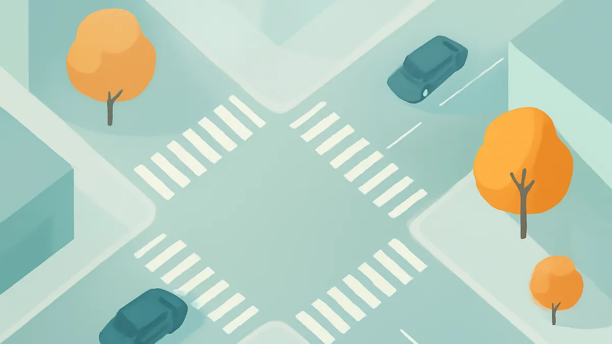 An overhead view of a city intersection with two cars, three trees, and buildings in a flat, minimalist style