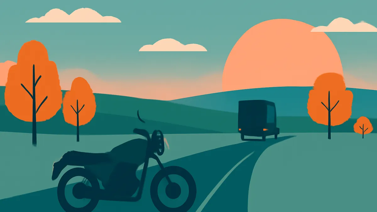 A motorcycle and a truck on a road with trees and hills under a sunset sky in a flat illustration style