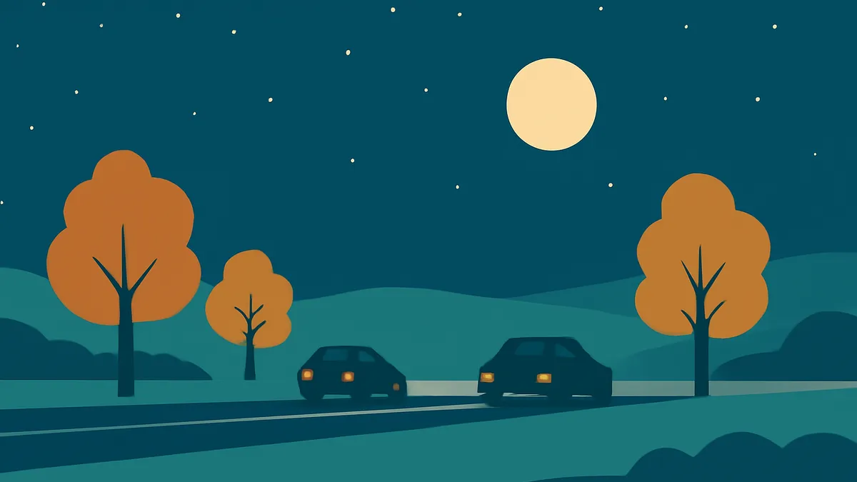 Two cars driving on a road at night with a full moon and stars in the sky, surrounded by trees and hills