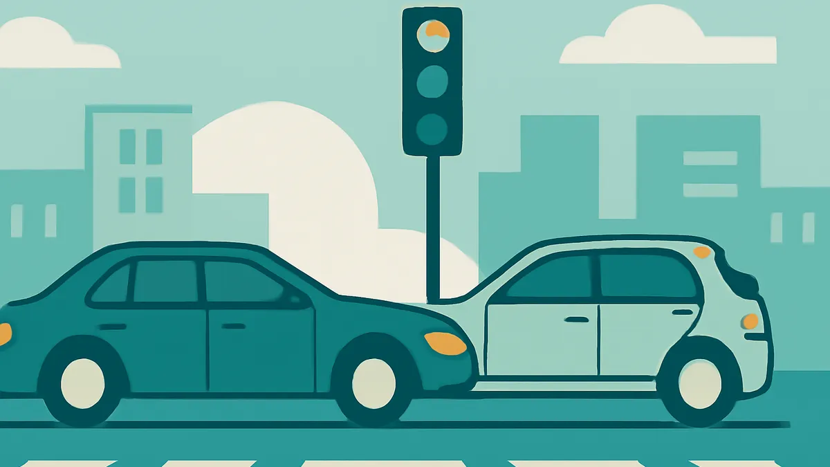 Two cars, one teal and one light blue, are involved in a rear-end collision at an intersection with a traffic light