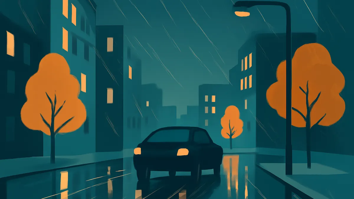 A dark car with headlights on drives on a wet street in a city at night, with orange trees and building lights