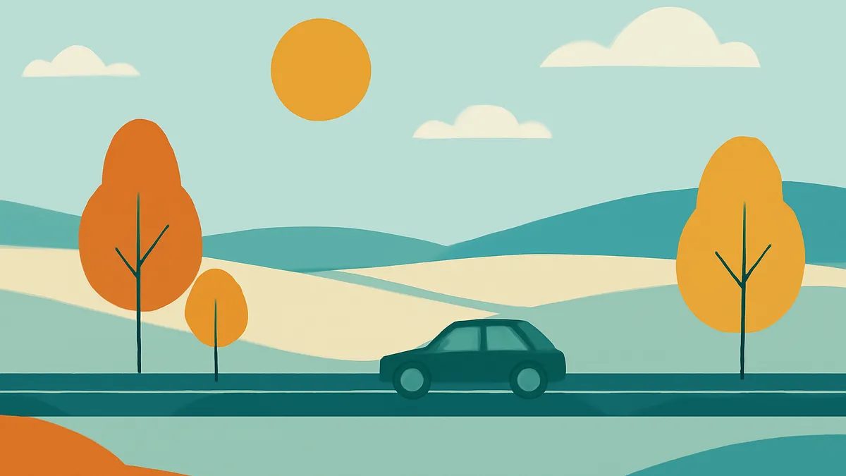 A car driving on a road through a landscape with hills, trees, and a sun in the sky