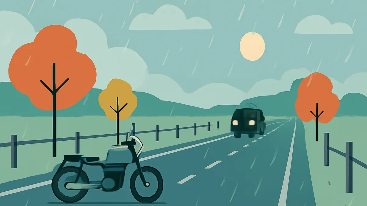 A motorcycle and a car on a wet two-lane highway in the rain with trees and hills in the background
