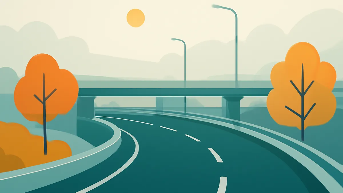A highway scene with an overpass, streetlights, and trees under a hazy sky with a sun, in flat teal and orange tones