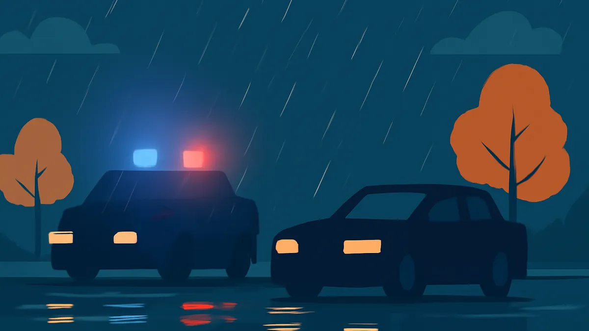 A police car with flashing lights and another car on a wet road at night in a flat illustration style