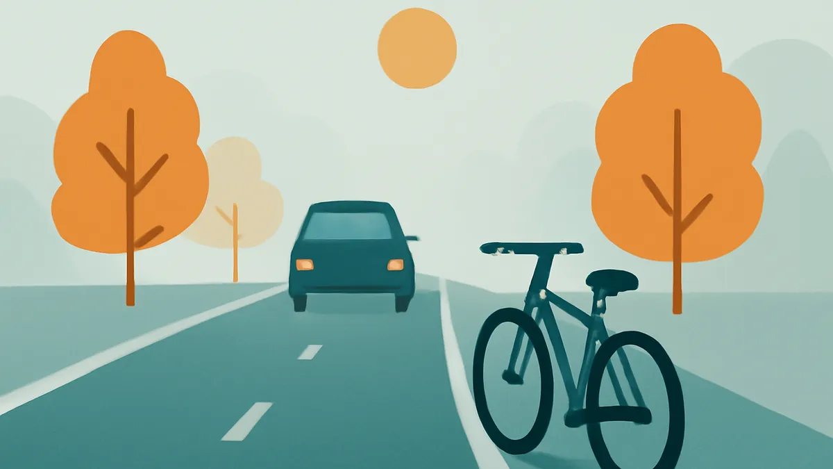 A teal car and a bicycle on a road with orange trees and a sun in a flat, illustrative style