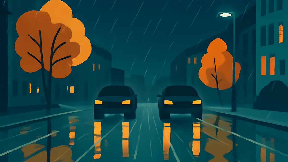 Two cars with headlights on drive on a wet street at night, with buildings and trees in the background