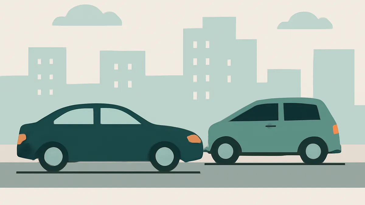 Two cars, one dark teal sedan and one light teal hatchback, are stopped on a road in front of a city skyline