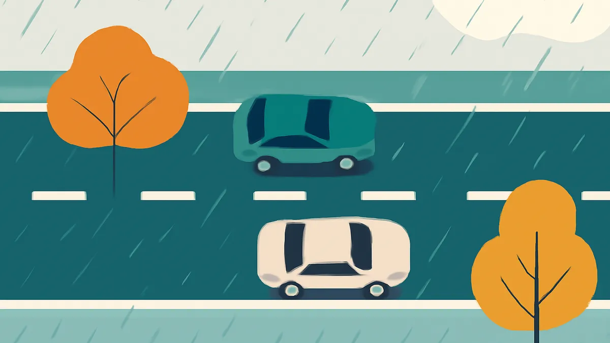 Two cars on a rainy road with trees on the side, viewed from above in a flat illustration style