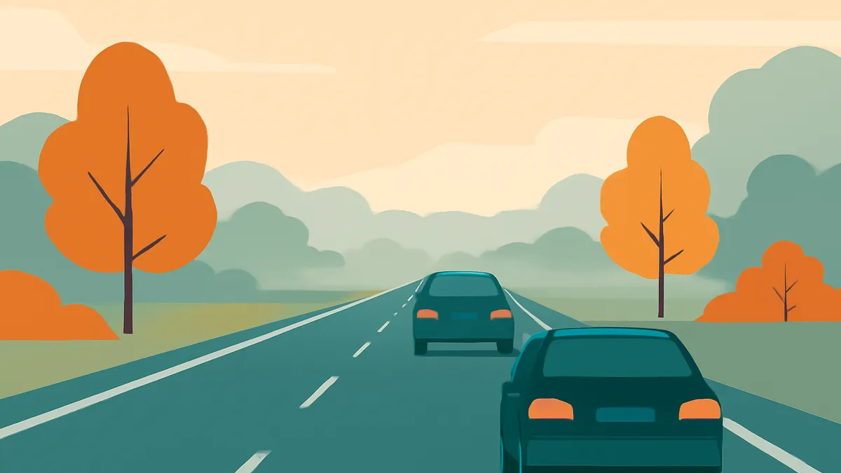 Two cars driving on a highway with trees on the side under a cloudy sky in a flat illustration style