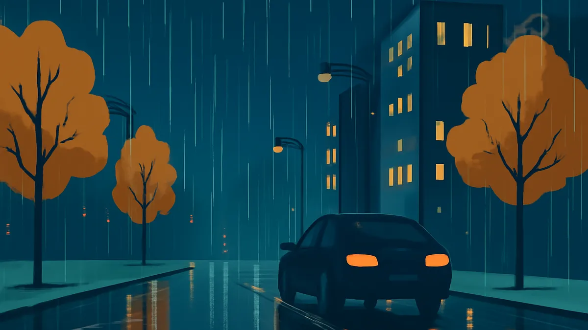 A dark car with orange taillights drives on a wet road in the rain at night, with buildings and trees
