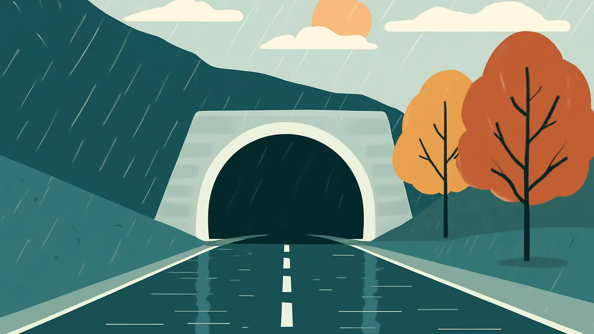 A road leading to a tunnel in the rain, with hills and autumn trees under a cloudy sky with a sun