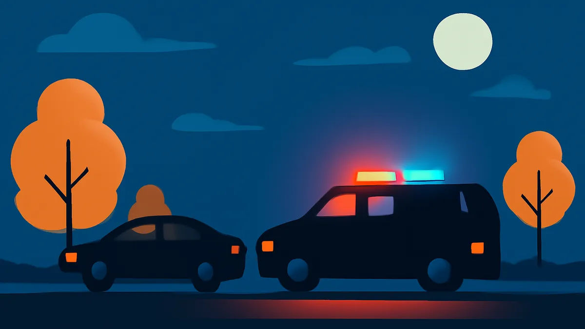 A police car with flashing lights and a sedan on a dark road at night, with orange trees and a full moon