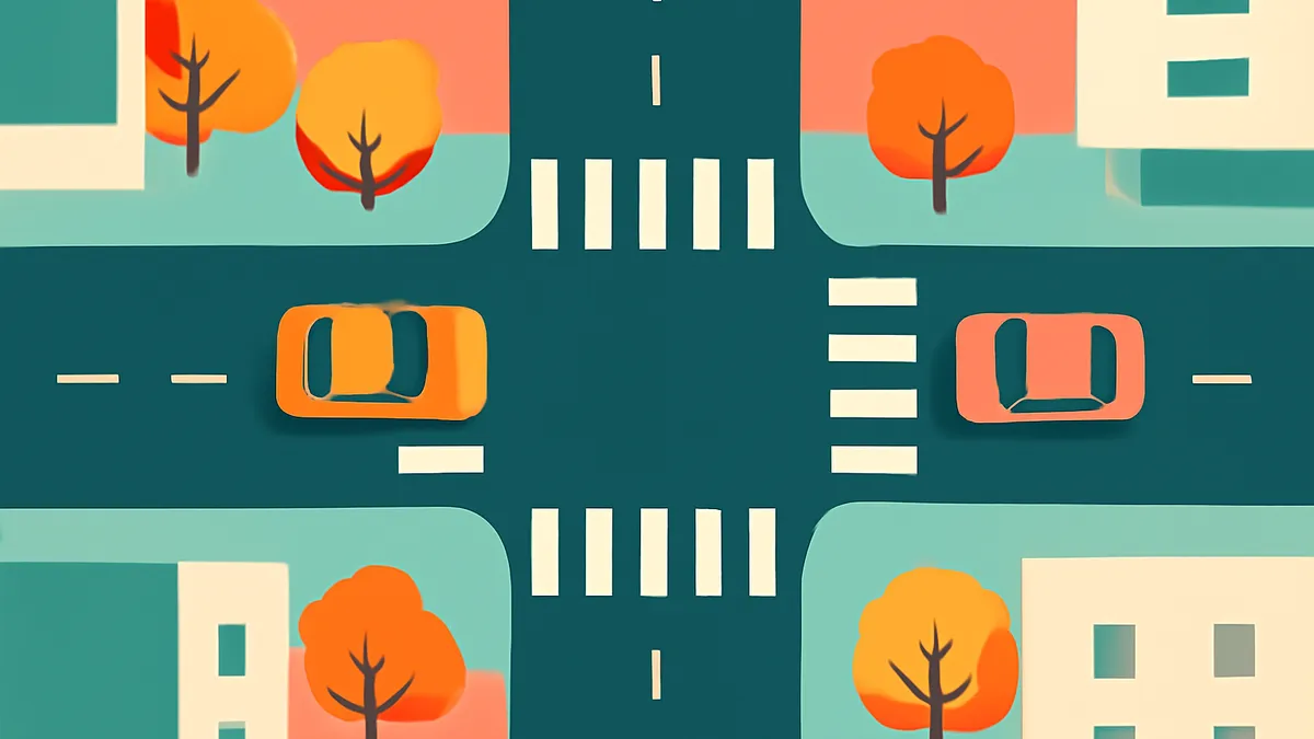 An overhead view of a four-way intersection with two cars, buildings, and trees in a flat, stylized art style